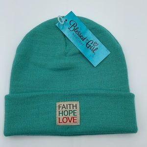 Knit Beanie Hat - Blessed Girl - Teal‎ Blue - “Faith Hope Love”